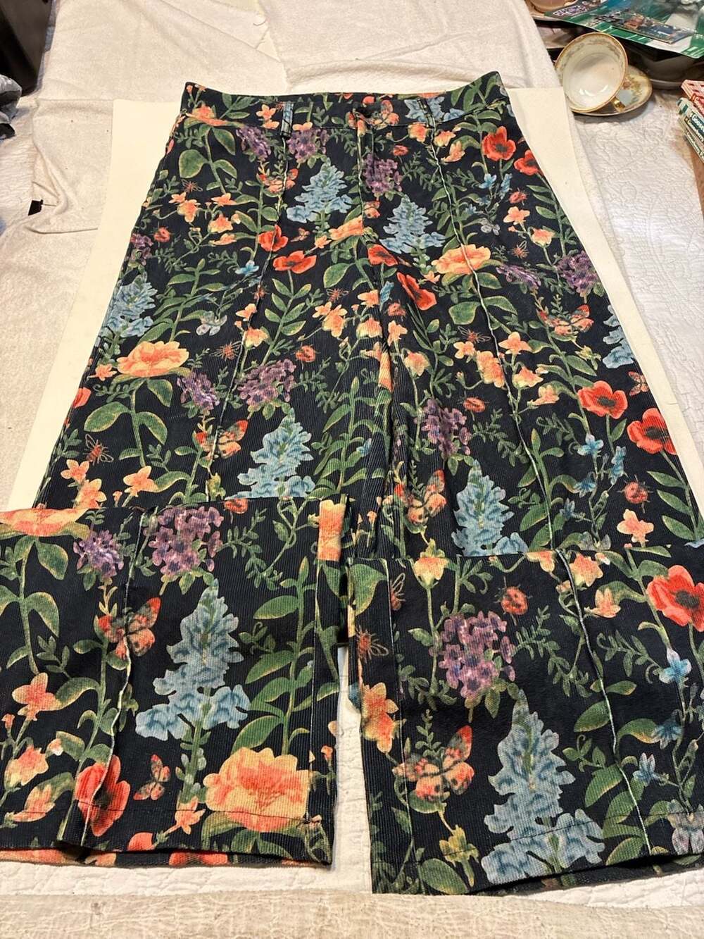 Cider Black Floral Print Corduroy Wide Leg Pants